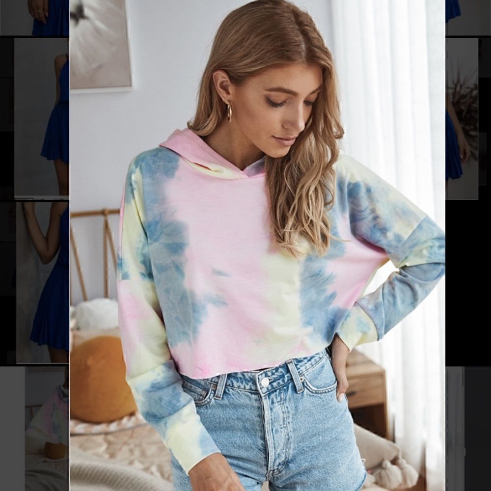 16. Oversized Tie-dye Crop Pullover Hoodie Navy, Pink, Yellow